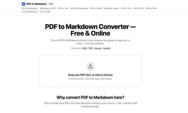 Convert PDFs to clean Markdown — 100% in your browser screenshot 1