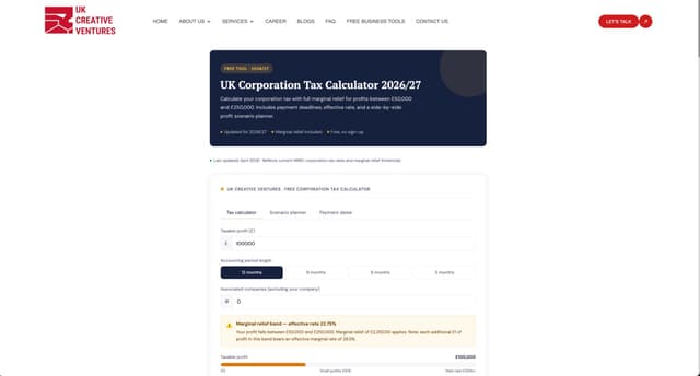 UK Corporation Tax Calculator 2026/27 screenshot 2