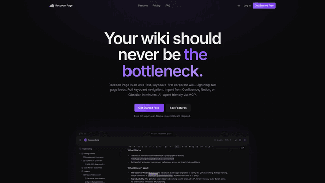 Raccoon Page — Ultra-Fast Keyboard-First Corporate Wiki screenshot 1