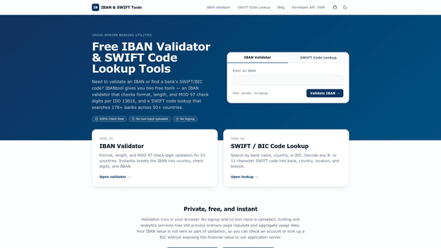 Free IBAN Validator & SWIFT Lookup — No Signup | IBANtool screenshot 1