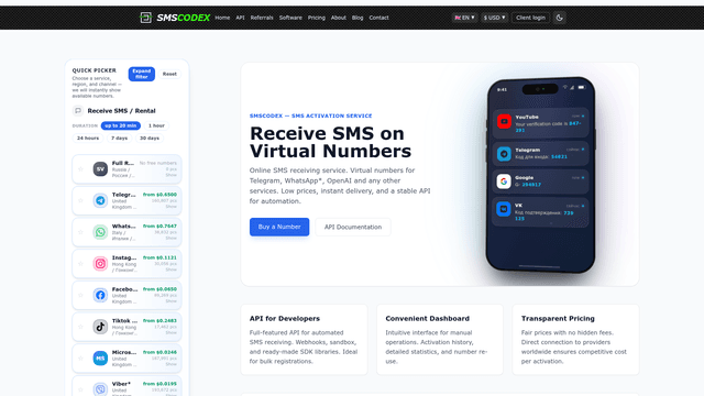 SMSCodex — Virtual Numbers to Receive SMS Online (API) screenshot 2