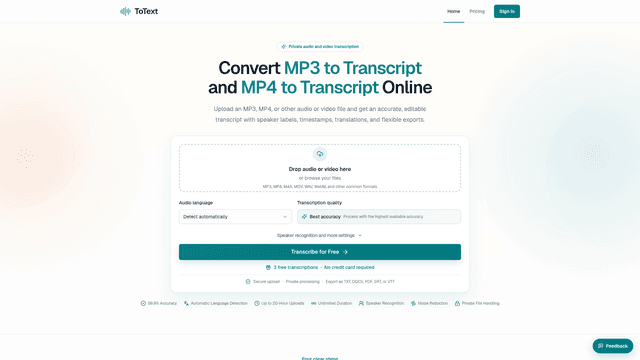 MP3 to Transcript & MP4 to Transcript Online | totext.app screenshot 1