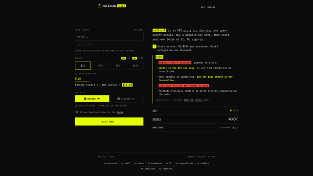 nullsink: anonymous LLM proxy screenshot 2