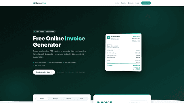 Free Invoice Generator - Create PDF Bills Online Instantly screenshot 1