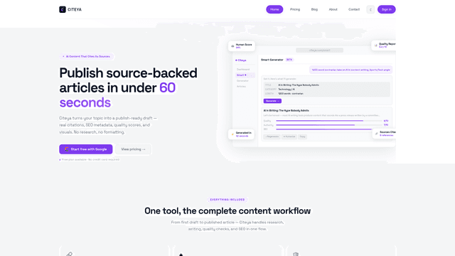 Citeya — Publish source-backed articles in under 60 seconds screenshot 2