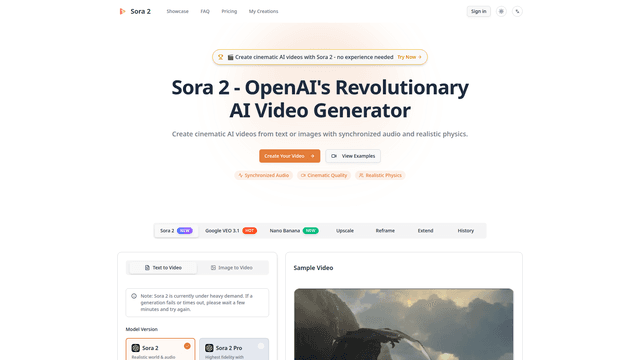 Sora 2 AI Video Generator | Cinematic Text-to-Video screenshot 1