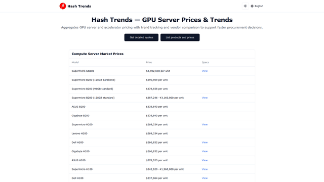 Hash Trends - GPU Server Prices & Compute Hardware Trends screenshot 1