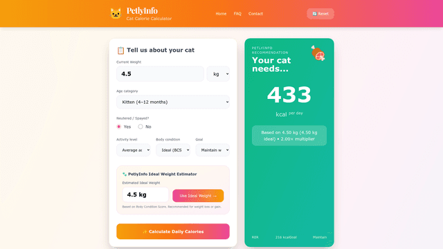 PetlyInfo Cat Calorie Calculator 🐱|Accurate Daily Calories screenshot 1