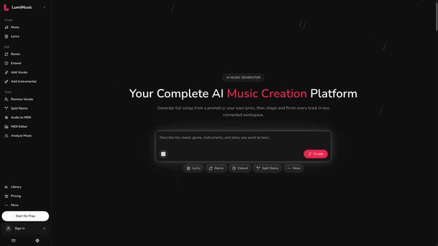 AI Music Generator & Music Creation Platform | LumiMusic screenshot 1