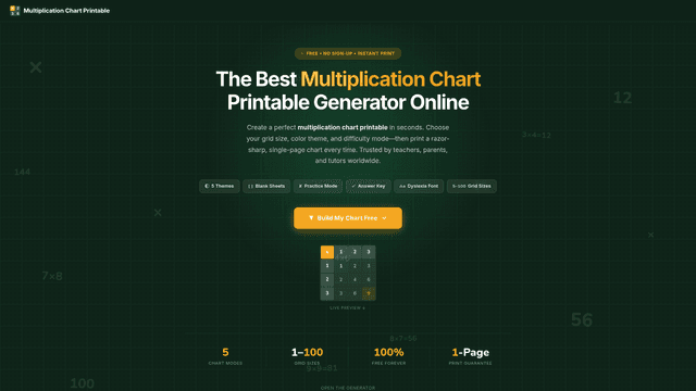 Multiplication Chart Printable — Free PDF Generator screenshot 1