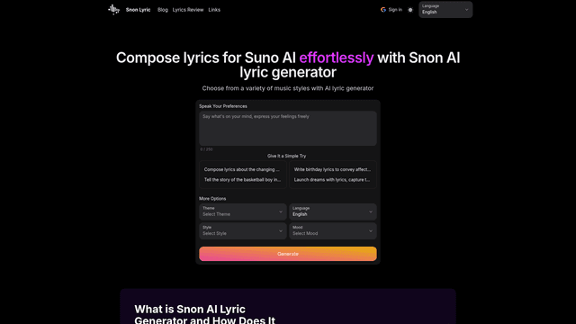 Snon AI Lyric Generator: Effortlessly Create Lyrics for Suno screenshot 2